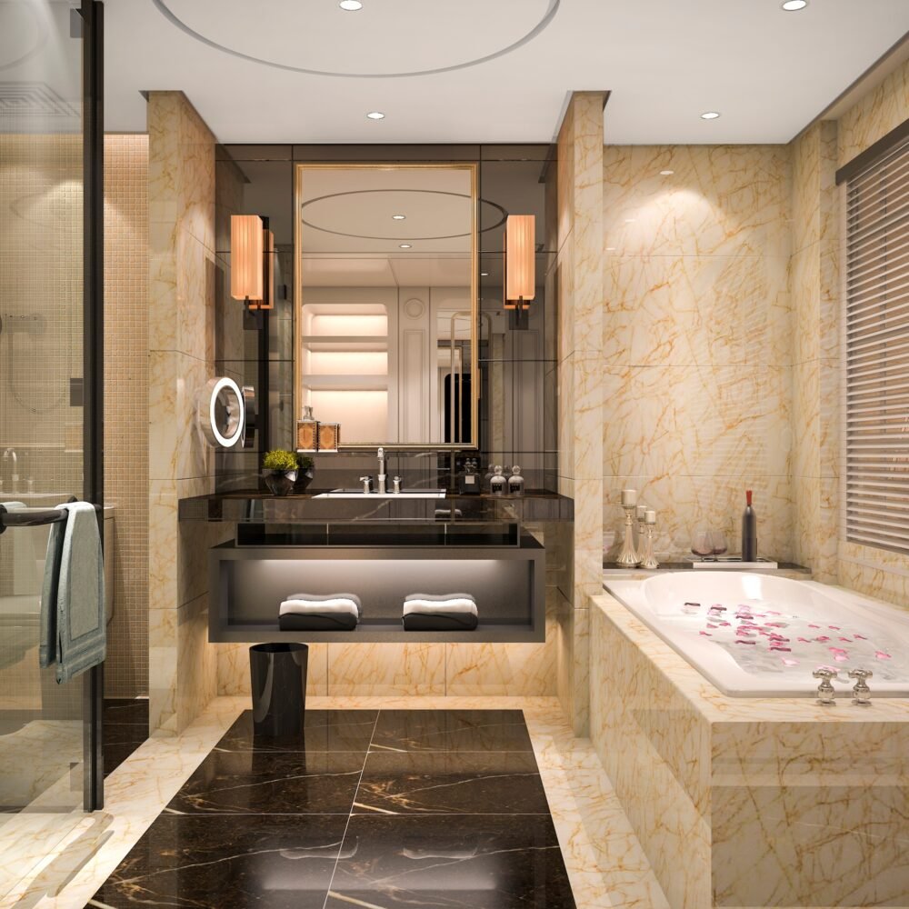 3d rendering modern and classic loft bathroom with luxury tile decor