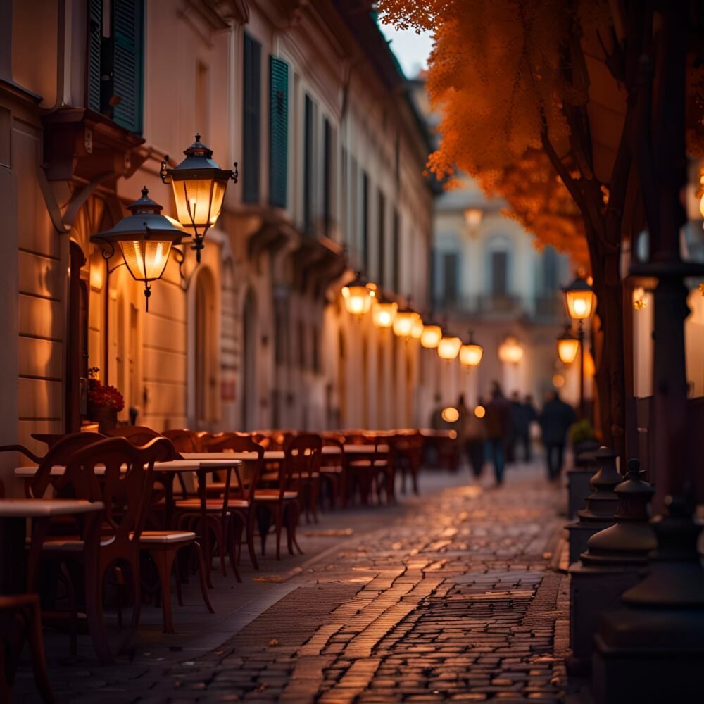 Evening cafe on the street. Autumn Italian landscape, baroque style, street lights