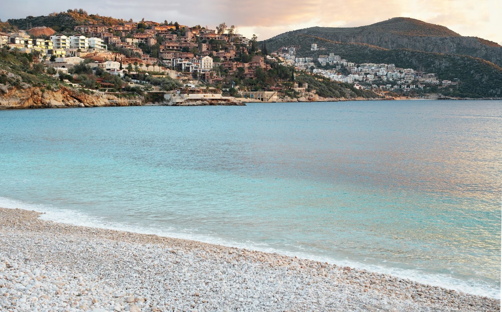 Kalkan,Antalya,Turkey beach,sunset in town,coastline.Beautiful turquoise sea, empty seaside